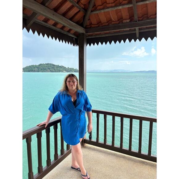 THAKOON Women's Blue Button Front Collared Tie Waist Mini Shirt Dress Size 14 - Picture 13 of 15